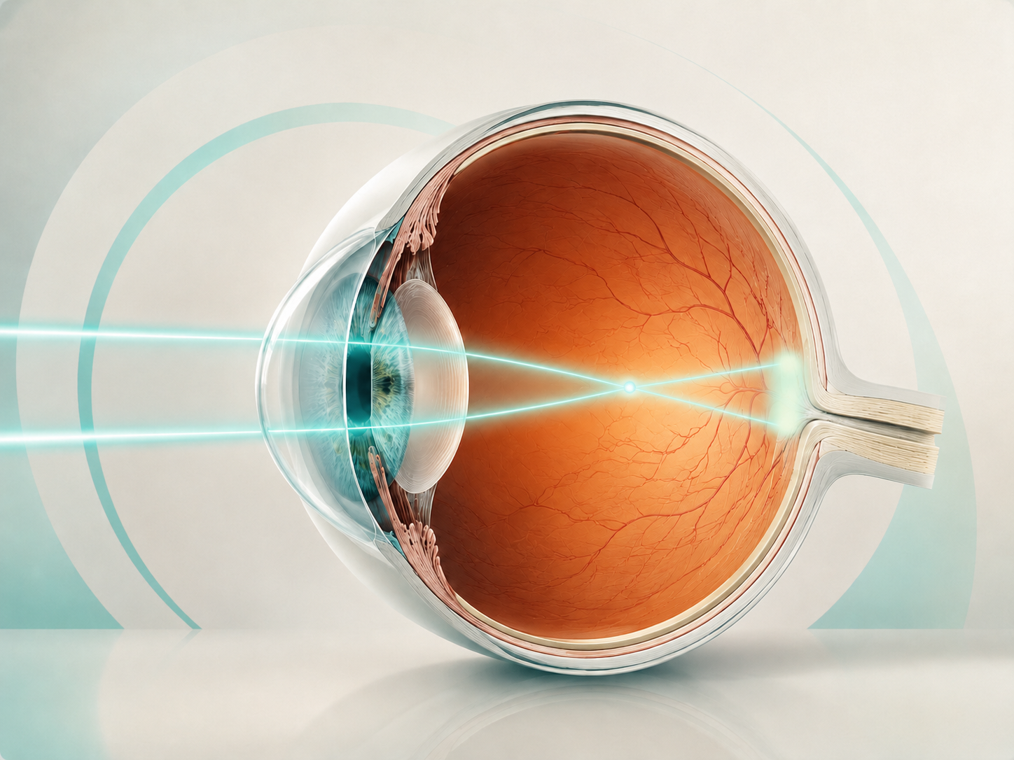 Ilustração anatômica do olho com foco da luz antes da retina