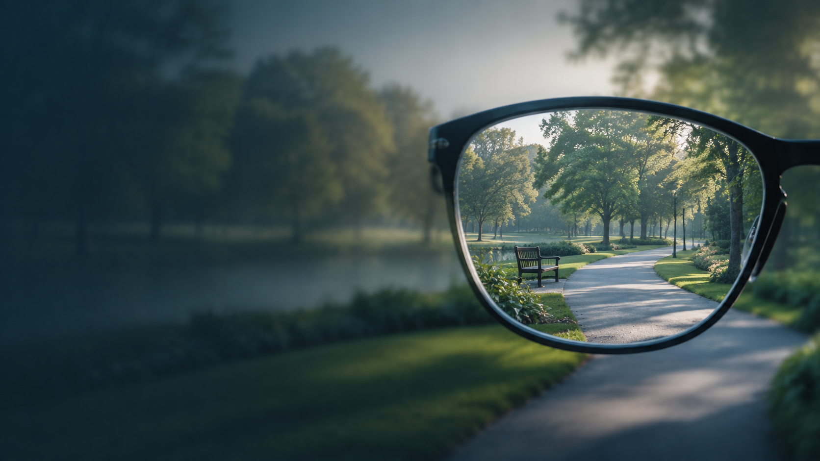 Óculos revelando um caminho de parque nítido sobre uma paisagem desfocada