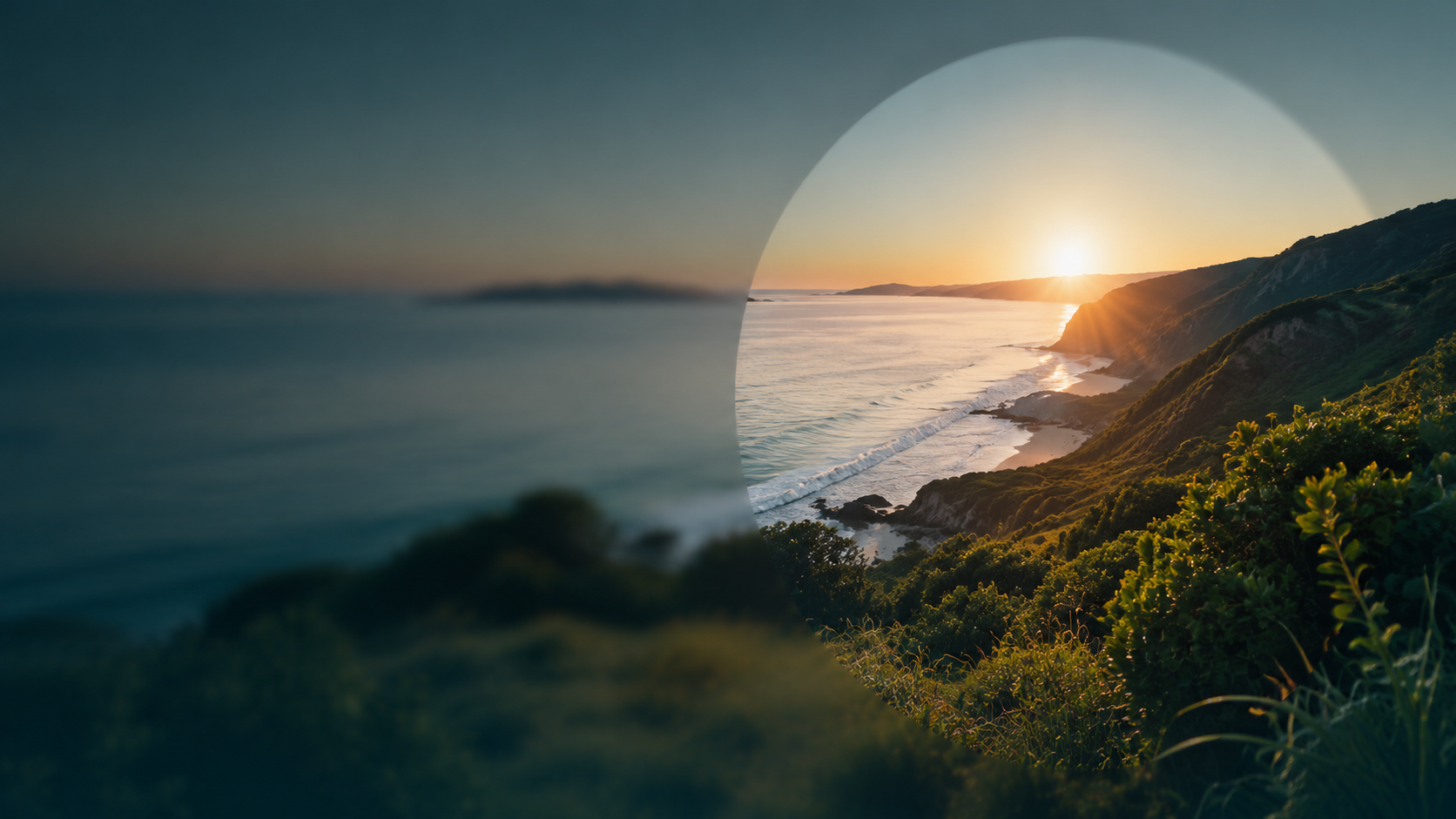 Lente revelando um litoral nítido ao pôr do sol sobre a mesma cena desfocada