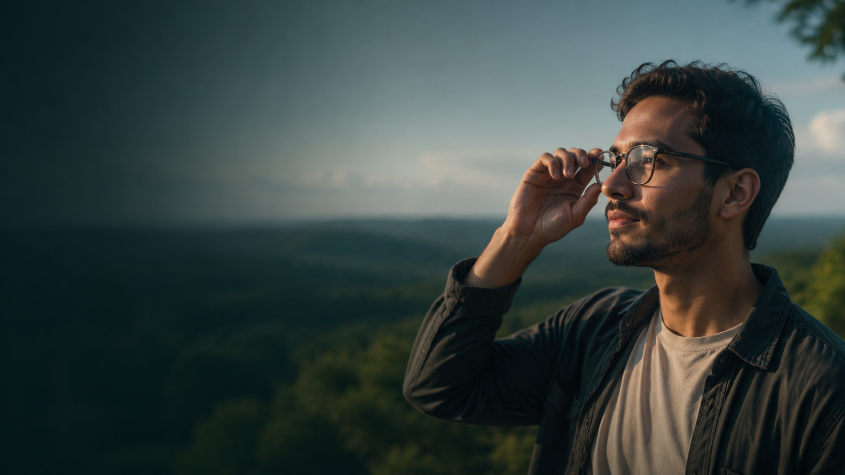 Homem ajustando os óculos para enxergar o horizonte com nitidez