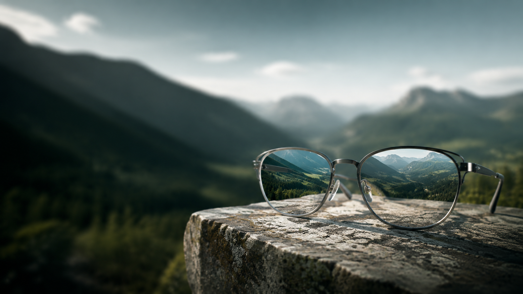 Óculos apoiados em uma mureta, com as lentes revelando um vale nítido entre montanhas
