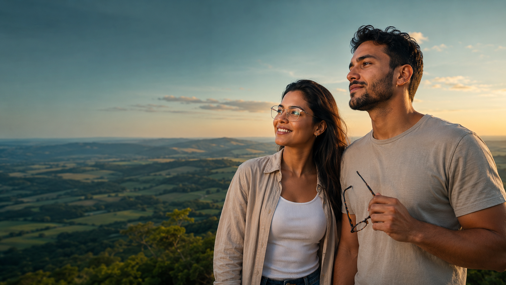 Casal ao ar livre apreciando a vista de um vale ao entardecer
